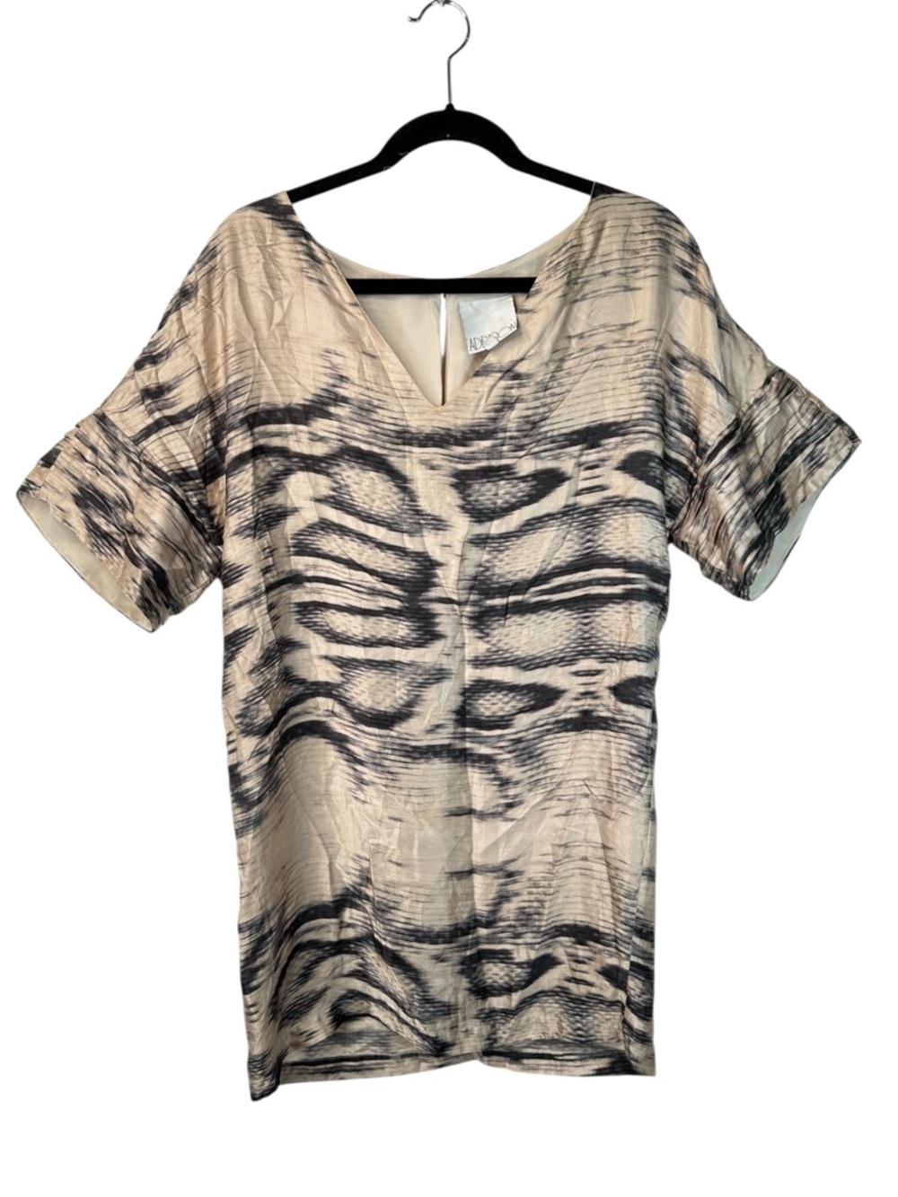 Addison Silk Blend Abstract Print Shift Dress Beige Black V Neck Short Sleeve M